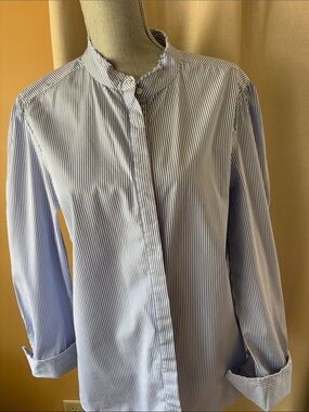 RAE FEATHER Boutique Cotton Twill Blouse Pinstripes Beach Coastal Size XL EUC!